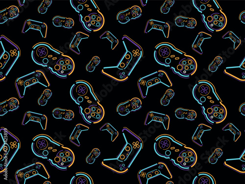 Joystick seamless vector pattern. Game console symbol. Gamepad for video, 3D, VR, AR. Bright modern gadget on a pink background. Gaming equipment, cool device. Cartoon illustration for posters, web