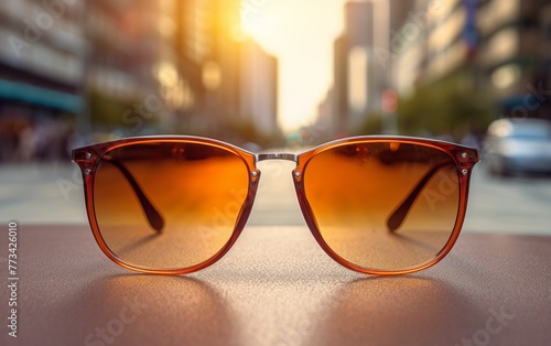 Stylish pair of sunglasses placed elegantly on a table
