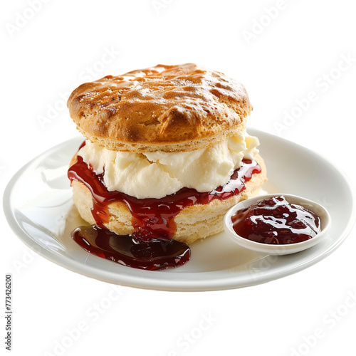 Scone and clotted cream and jam dessert food white background. 