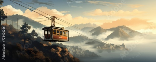 ski lift or Cable car lift in ski resort against blue sky © Michal