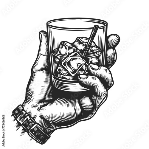 hand and glass filled with whiskey and ice cubes, indicating a moment of relaxation or celebration sketch engraving generative ai vector illustration. Scratch board imitation. Black and white image.