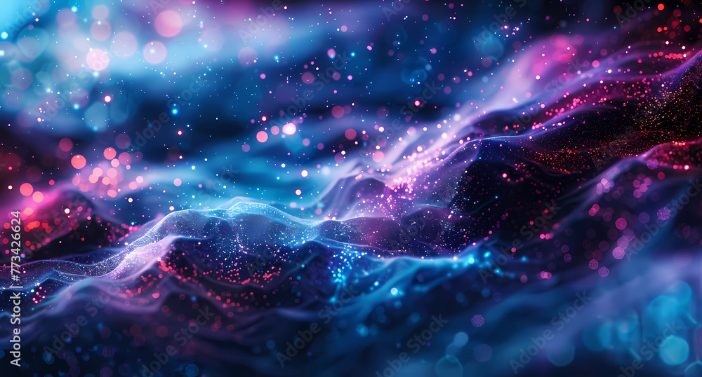 Abstract futuristic background with glowing particles and waves in blue