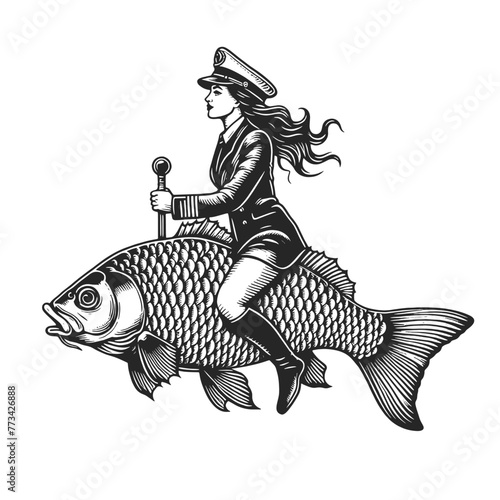 Pirate woman captain riding fish sketch engraving generative ai fictional character vector illustration. T-shirt apparel print design. Scratch board imitation. Black and white image.