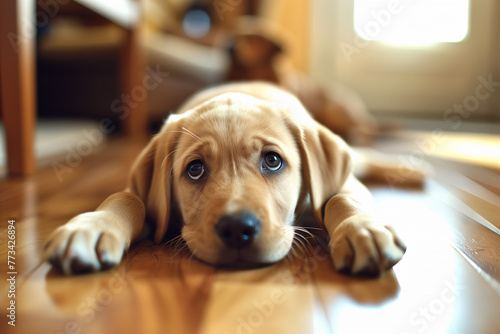 A cute Labrador puppy lies on the wooden floor of an apartment. Generative ai