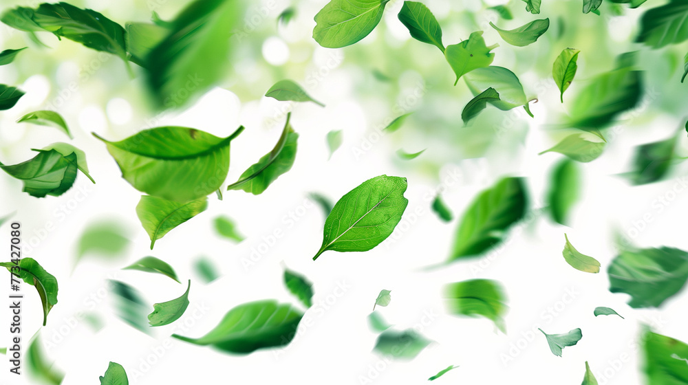 Falling green leaves isolated on a white background, generative ai Falling green leaves isolated on a white background, generative ai