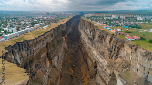Aerial view of a massive canyon cutting through a landscape with urban areas in the background.