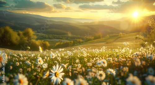 A field of daisies in full bloom, rolling hills under the sun. Generative ai