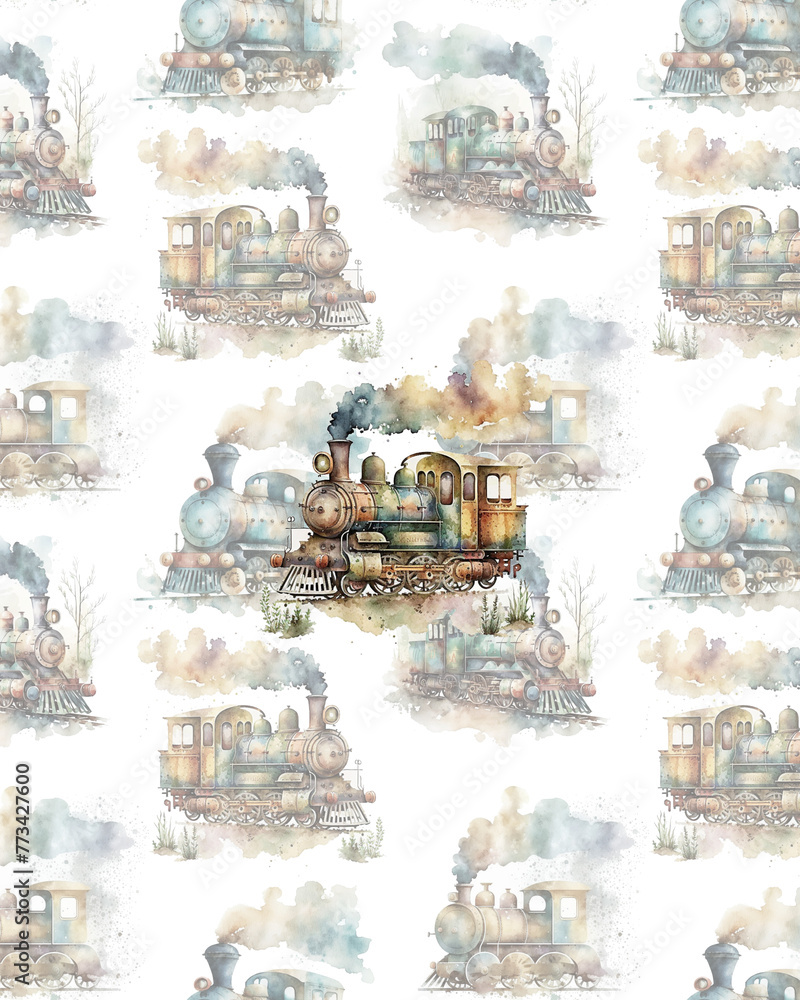 Fototapeta premium panel watercolor trains collage