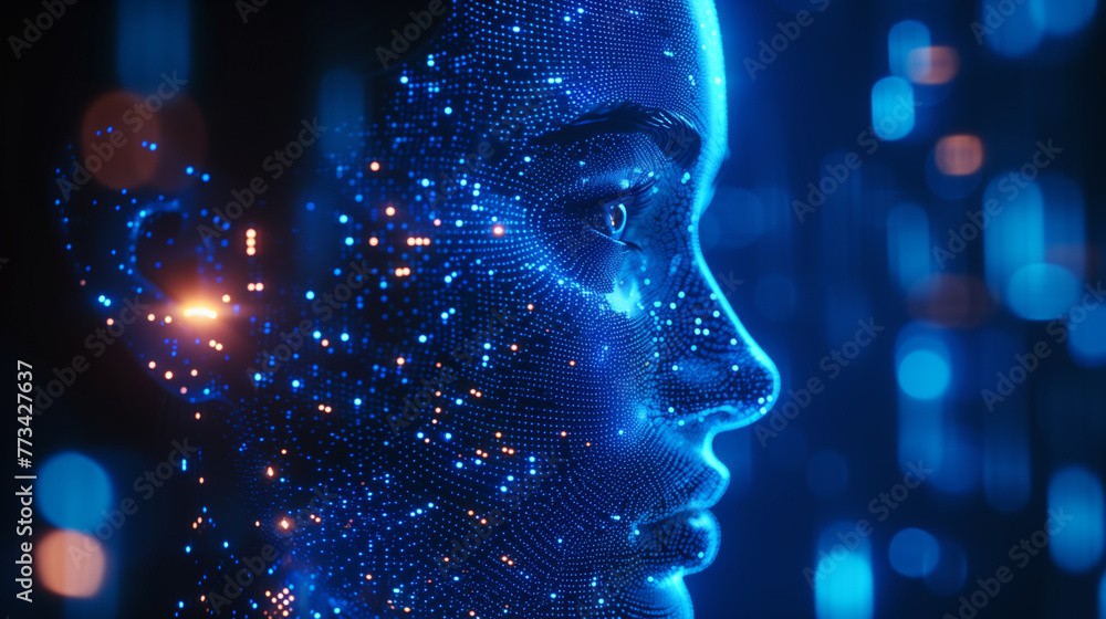 Digital human face concept with glowing neon lines and dots, representing artificial intelligence and futuristic technology. Digital human face concept with glowing neon lines and dots, representing artificial intelligence and futuristic technology.