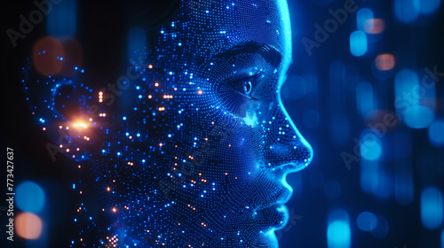 Digital human face concept with glowing neon lines and dots, representing artificial intelligence and futuristic technology.