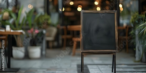 A blank blackboard sign stands outside a restaurant ready for a menu or message. Concept Restaurant Sign, Blank Blackboard, Outdoor Advertisement, Menu Board, Message Display photo