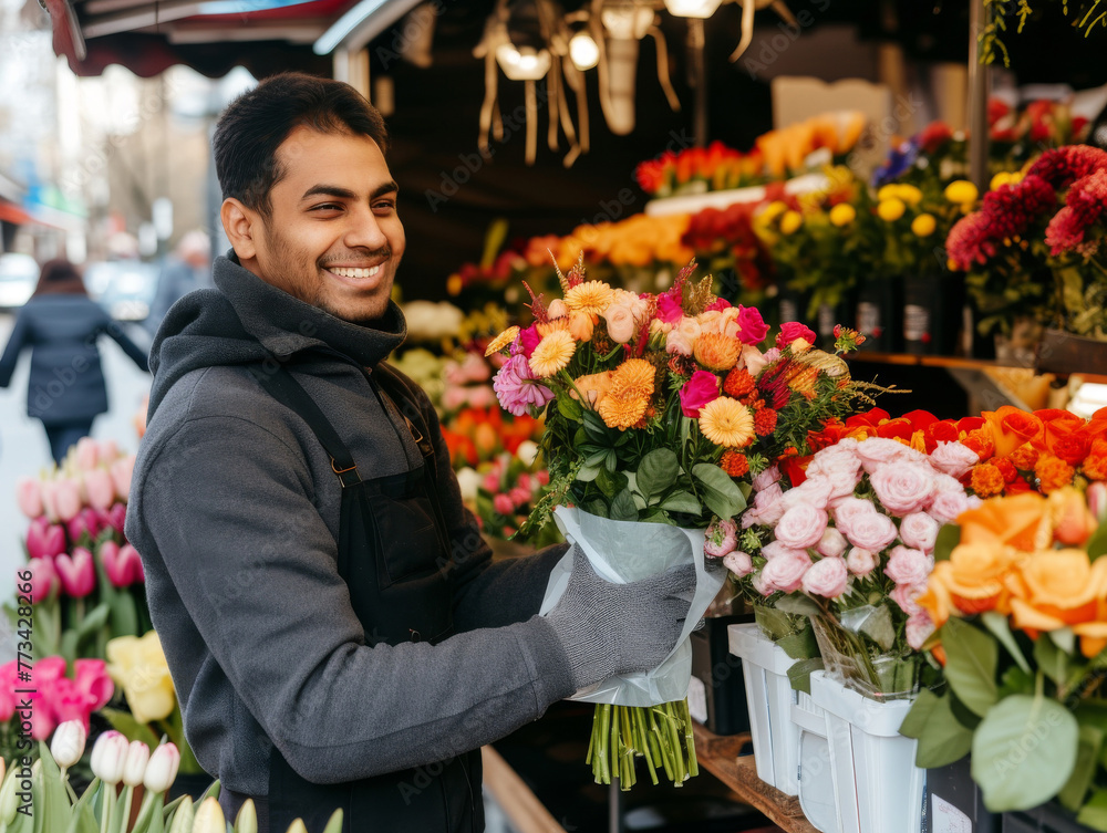Photo of a young man selling flowers