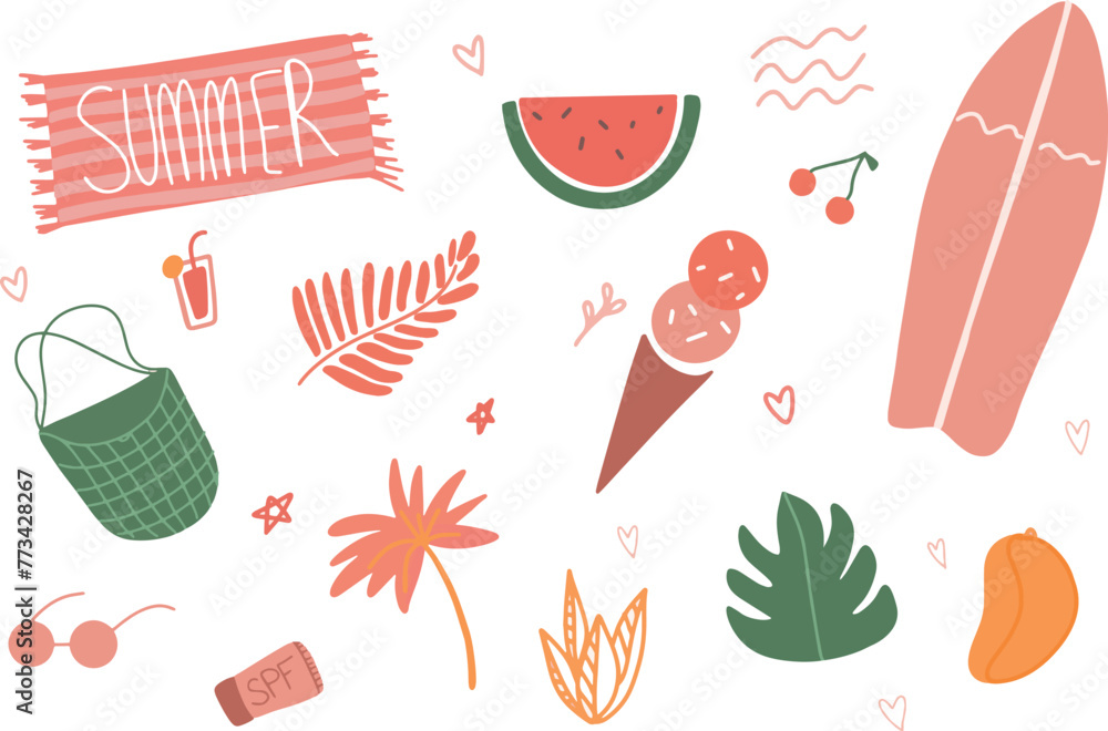 Set cute summer holiday beach elements. Hello summer Cartoon vector illustration Set cute summer holiday beach elements. Hello summer Cartoon vector illustration