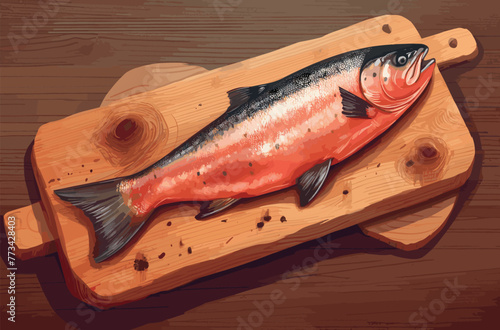 fresh raw salmon on wooden cutting board vector art painting