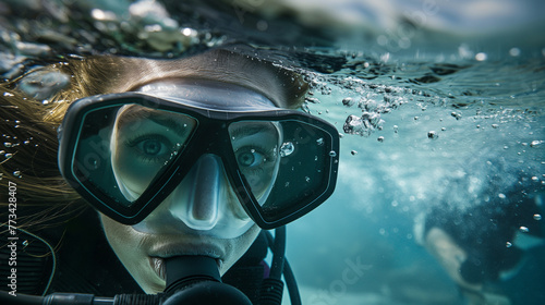 Mulher mergulhadora debaixo da agua 