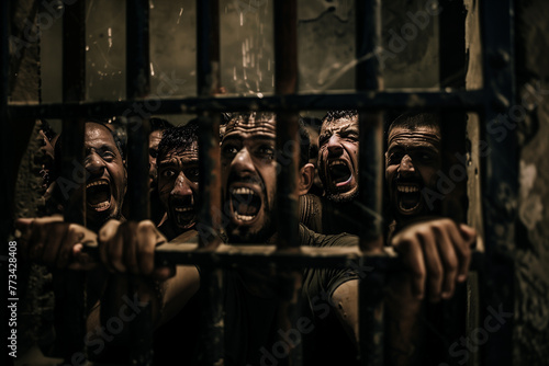 Showcasing a small group of prisoners screaming inside the ancient prison cell