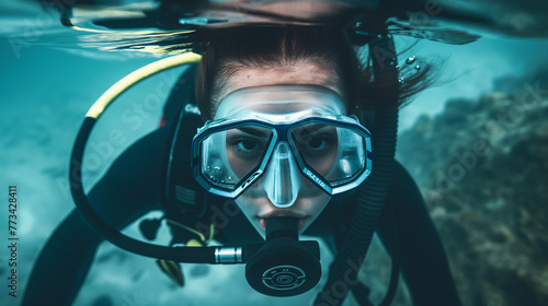 Mulher mergulhadora debaixo da agua  photo