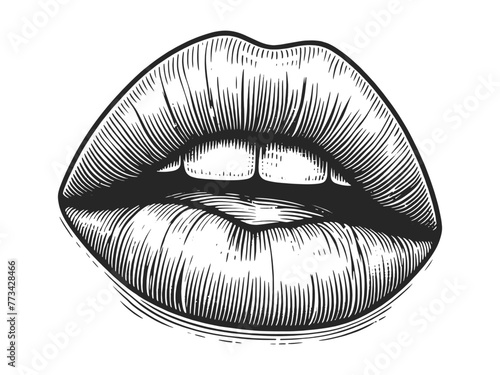 sensual female woman full lips sketch engraving generative ai fictional character vector illustration. Scratch board imitation. Black and white image.
