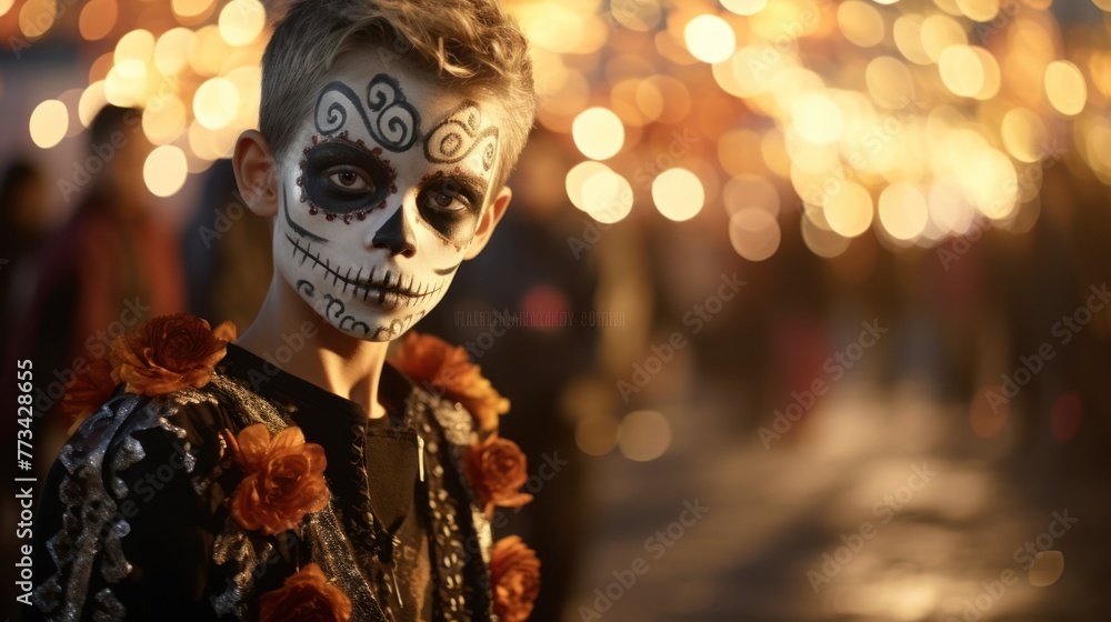 Nightfall at the Mardi Gras festival, a young boy adorned with eerie face paint and a captivating costume. Nightfall at the Mardi Gras festival, a young boy adorned with eerie face paint and a captivating costume.
