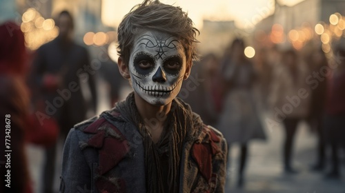 Elegantly frightening, a Mardi Gras portrait showcases a boy with detailed skull face paint and a chilling costume.