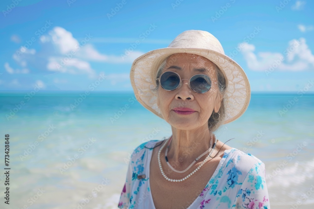 Senior asian woman on vacation at the beach