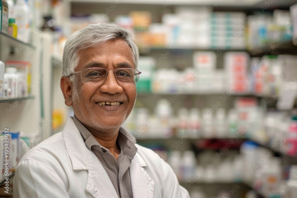 Smiling portrait of a middle aged male pharmacist in pharmacy