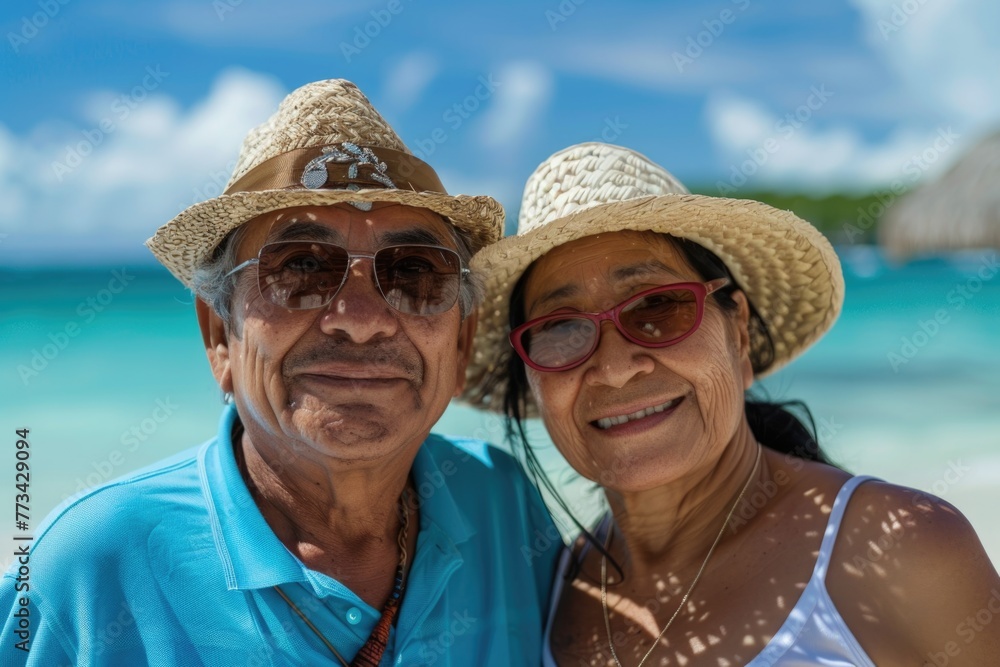 Smiling portrait of a senior couple on vacation at the beach