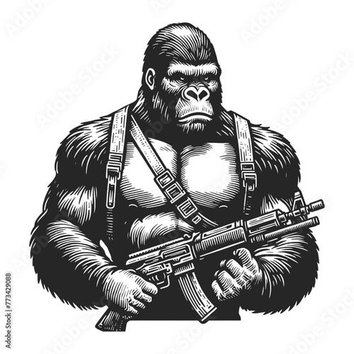 muscular gorilla in military gear holding an automatic rifle, suggesting a combat theme sketch engraving generative ai vector illustration. Scratch board imitation. Black and white image.