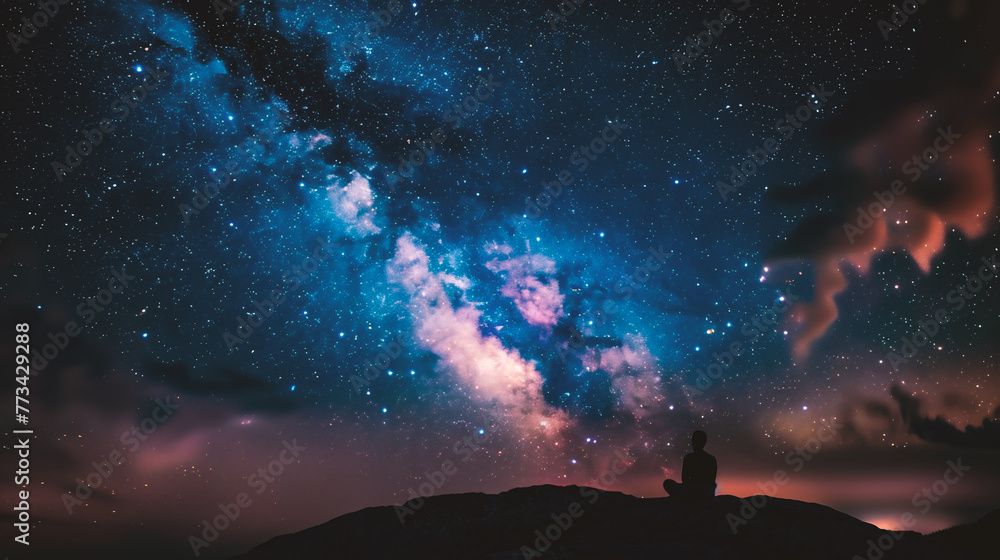 Fototapeta premium Silhouette of a man sitting on a rock and looking at the milky way