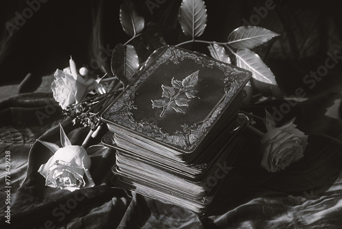 Old tarot and roses on the table. Black and white photo photo