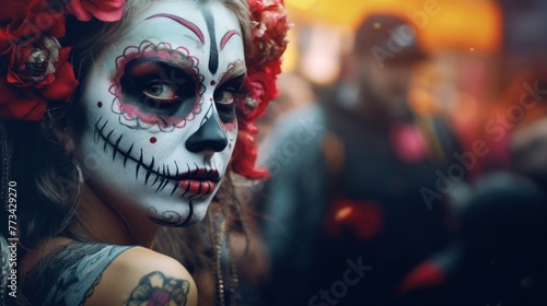 Festive darkness in a portrait-a girl with sugar skull makeup at the Mardi Gras festival.