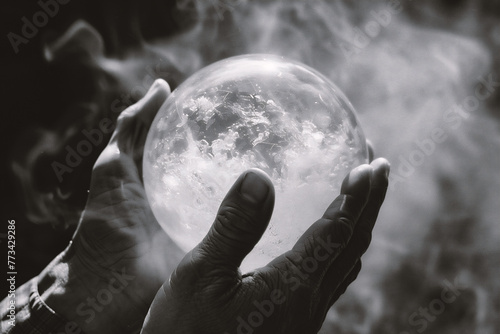 Black and white image of a woman's hands holding a crystal ball
