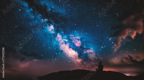 Silhouette of a man sitting on a rock and looking at the milky way photo