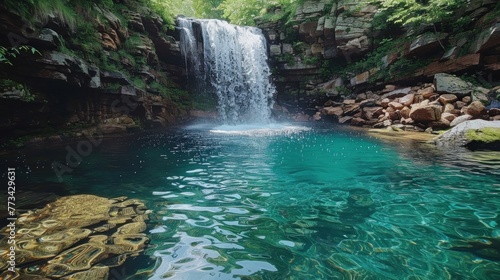 A pristine waterfall cascading into a crystal-clear pool, showcasing the purity of untouched water sources.
