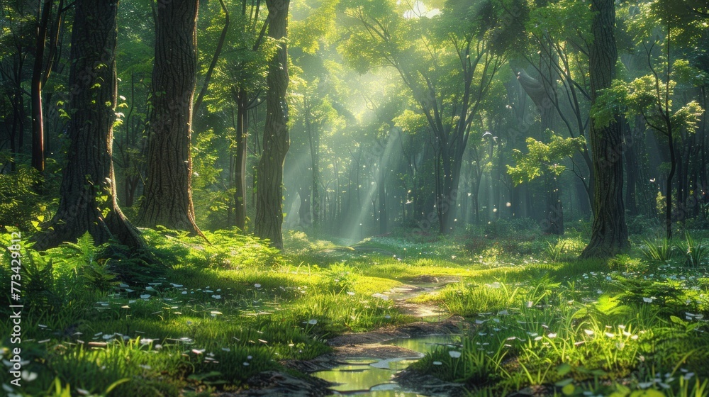 Obraz premium A serene forest glade, dappled sunlight filtering through the lush canopy, showcasing the beauty of untouched nature.