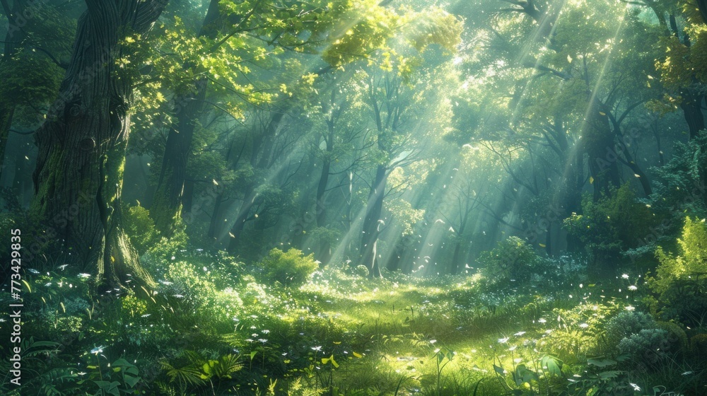 A serene forest glade, dappled sunlight filtering through the lush canopy, showcasing the beauty of untouched nature. - obrazy, fototapety, plakaty 