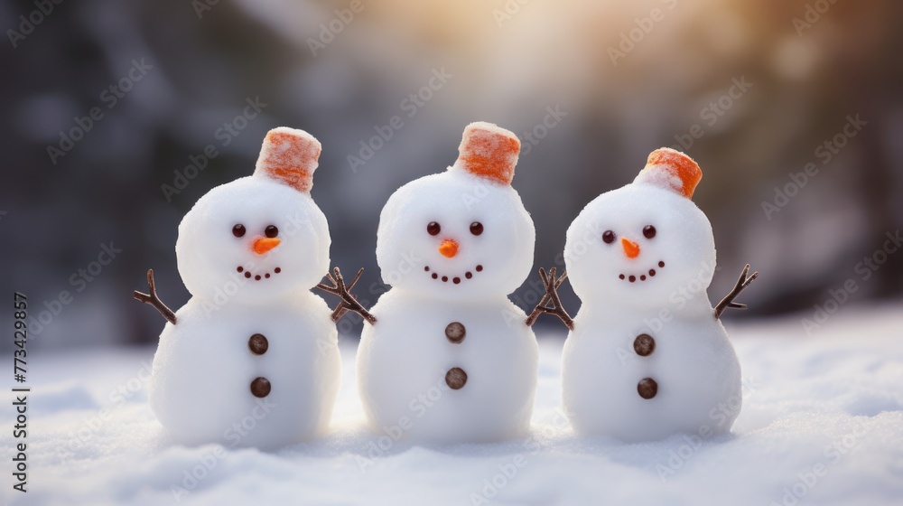 A trio of snowmen, adorned with festive accessories, brightens the snowy landscape. A trio of snowmen, adorned with festive accessories, brightens the snowy landscape.
