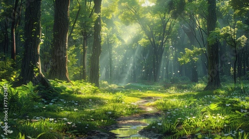 A serene forest glade  dappled sunlight filtering through the lush canopy  showcasing the beauty of untouched nature.