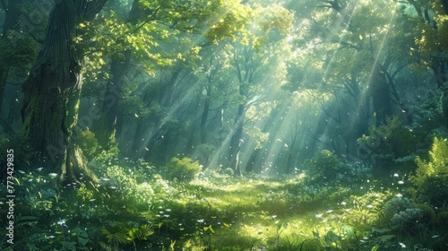 A serene forest glade  dappled sunlight filtering through the lush canopy  showcasing the beauty of untouched nature.