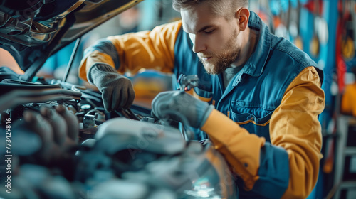 A dedicated auto technician meticulously servicing a vehicle in a busy repair shop photo