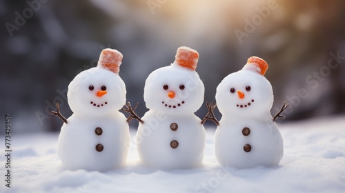 A trio of snowmen, adorned with festive accessories, brightens the snowy landscape.