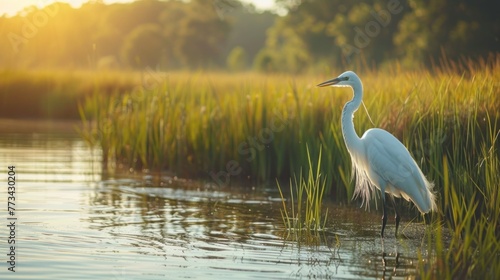 A tranquil wetland marsh, with herons wading through the shallows, emphasizing the importance of preserving vital habitat for migratory birds. © TheNoteTravel