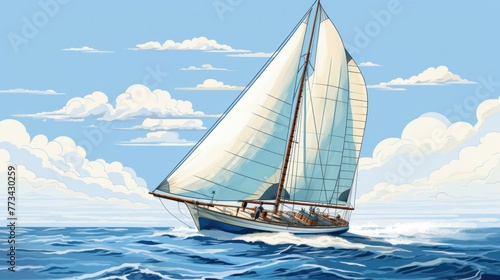 Oceanic adventure: an artistic rendering of a sailboat sailing under a picturesque blue sky. © ProPhotos