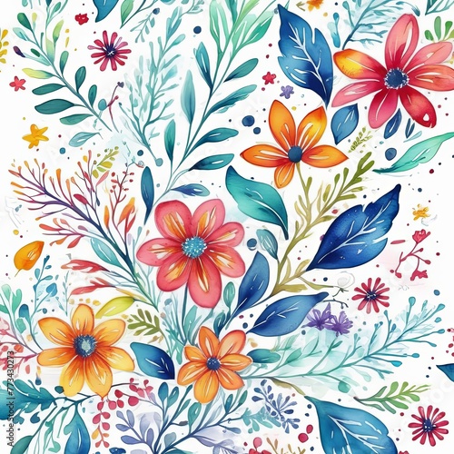 Colorful, intricate painting of flowers, showcasing variety of vibrant hues, delicate details, all beautifully contrasted against white background. For website design, advertising, poster, magazine.