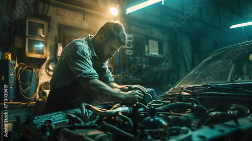 An expert technician meticulously tuning an engine in a dimly lit auto repair garage photo