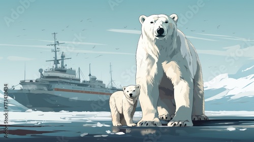 Wilderness comes alive in this handmade portrayal of polar bears amidst ice floes and a ship.
