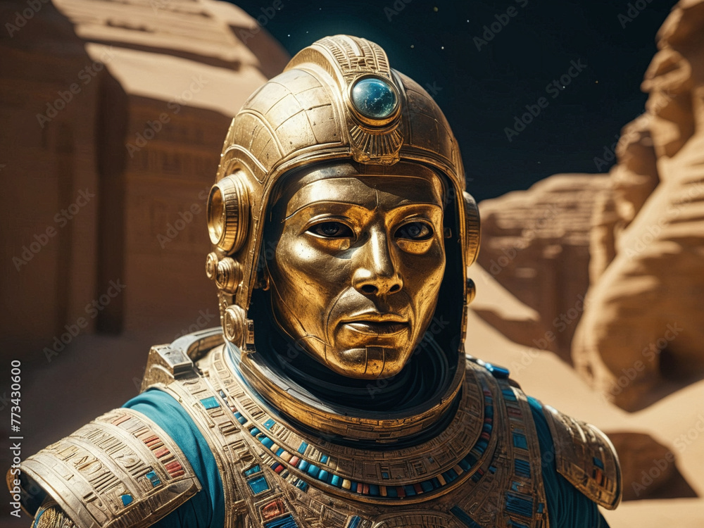 closeup of astronaut in ancient egyptian space suit looking like futuristic pharaoh ancient temple buildings in back, generative AI