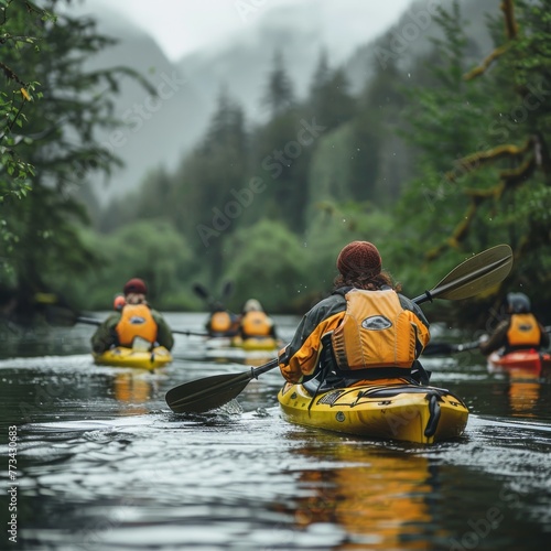 Scouts Kayaking on a Serene River with Lush Greenery in the Background © Fat Bee