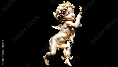 Baroque style cherub statue with golden accents on a black background.