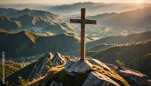 Wooden cross in the mountains at sunset. #773430870